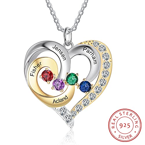 18K Gold Over Silver Birthstone Heart Shaped Engraved Necklace With 4 Birthstones, 4 Engraved Names Personalized Women Jewelry Engraved Child Names Mothers Necklace Gift For Her Mom Sister Grandma #TOP4