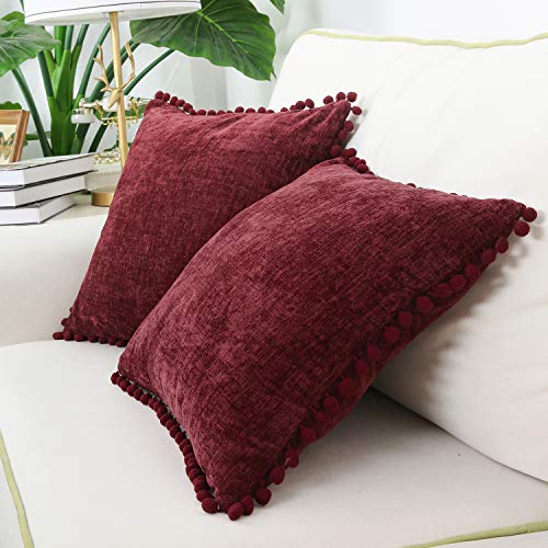CaliTime Pillow Cases Pack of 2 Cozy Solid Dyed Soft Chenille Cushion Covers with Pom Poms for Couch Sofa Home Decoration 50cm x 50cm Burgundy - Image 4