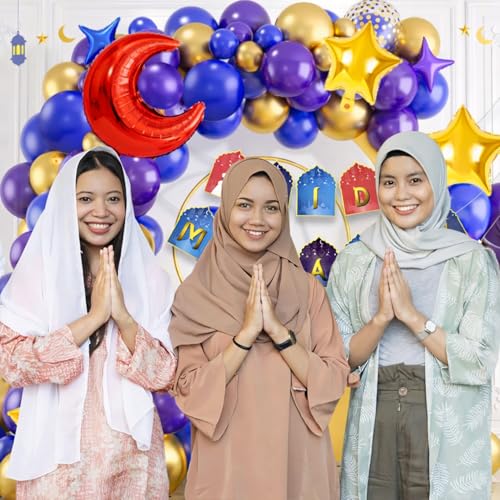 Image of Rozi Decoration Eid Mubarak Party Decoration Items with Purple, Blue & Golden Balloons Combo Kit - Set of 60 Pcs Ramadan Decorations Items for Home | Eid Balloon Decorations