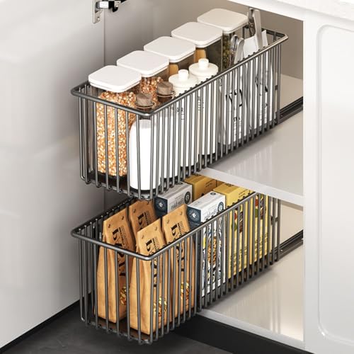 KEXIBO 2er Set Ausziehbare Schublade Küche Schmal 15 3cm Teleskopschublade Ohne Bohren Nischenregal Schrankauszug Küchen Schrank Organizer rahmenlos Schwarz 41cm Tiefe