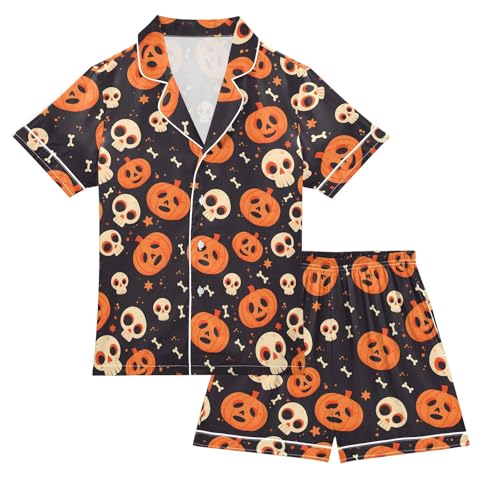 Funny Skeleton Pumkin Summer Satin Pajama Set, Cute Button-Down Sleepwear Pj Set for Sleep Wears