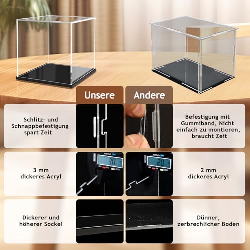 JUJOMAT Schaukasten Vitrine mit Schwarzer Basis Klare Acrylkasten Organizer Staubdichte Schaukasten Acryl für Action-Figuren Spielzeug Sammlerstücke 35*35*35cm
