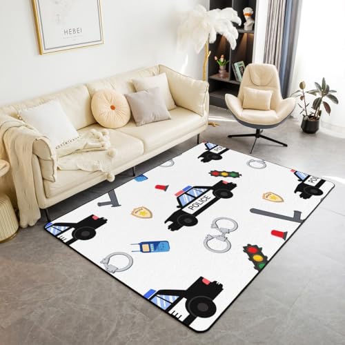 Castle Fairy Police Car Decorative Carpet Area Rug,Cartoon Cars Traffic Lights Living Room Rugs for Boys Girls Bedroom Cop Lights Policeman Vehicle Area Rug White Black Blue Carpet Kitchen,5x6'6''
