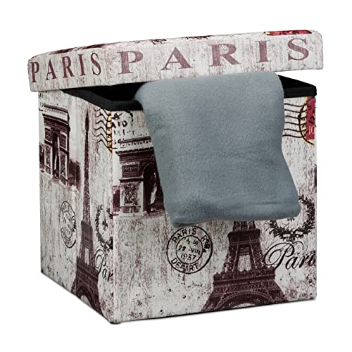 Relaxdays Banco Taburete Plegable, Puff Almacenaje, Pel Sintética, 38x38x38 cm, máx. 300 Kg, Diseño París, Multicolor