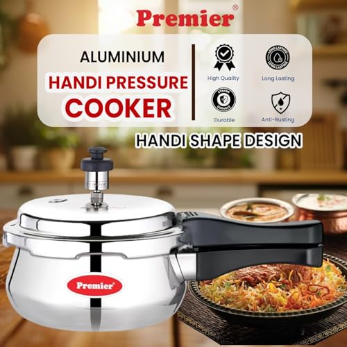 Image of Premier Aluminium Handi Pressure Cooker | Food Grade Aluminium | ISI Certified | Outer Lid | Extra Thick Base | Multiple Safety System | Gas Stove | 1.5 Litre