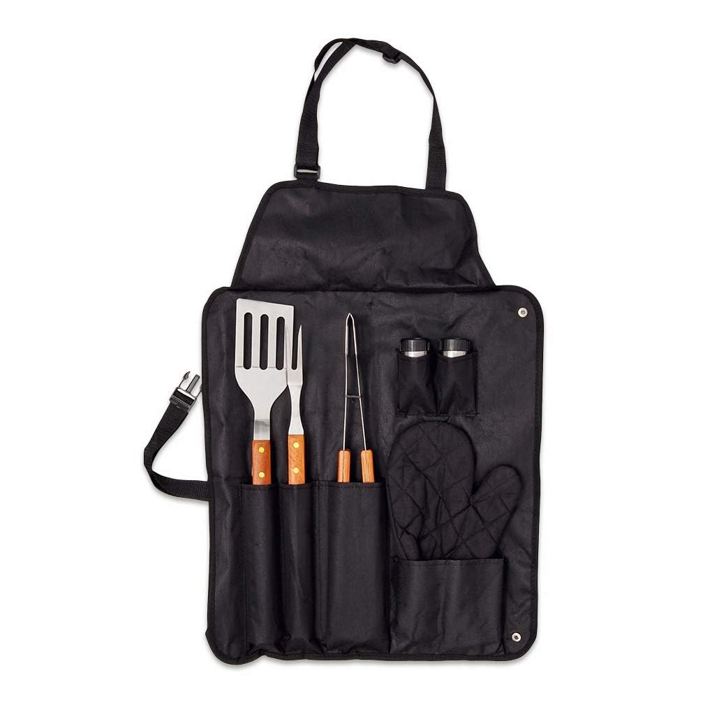 Set Barbecue Professionnel 7 Ustensiles Acier Inoxydable Kit Accessoires Grille Gant Matelassé Noir