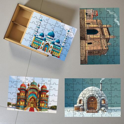 Image of Wooden Building & Architecture Jigsaw Puzzle Set for Kids (3+ Years) | 4-in-1 Landmark & Structure Puzzles with Wooden Storage Box | Educational Learning Toy