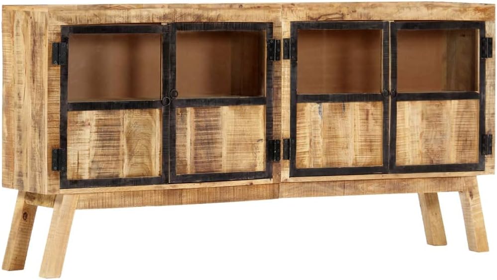 Industrial Style Solid Mango Wood Sideboard with Brown Finish and Black Accents, 63 Inch Length for Ample Storage, Durable Furniture for Living Room or Dining Room