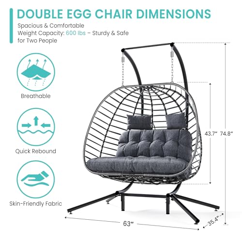 SWITTE Double Egg Swing Chair with Stand, Outdoor Patio 2 Person Hanging Wicker Hammock Chairs with Cushion for Indoor Bedroom, Lawn, Garden-Dark Grey