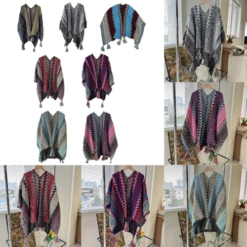 Ladies Knitted Cape with Fringed, Crochet Poncho Colorful Patterns for Womens Ethnic Cape Shawl Coat2