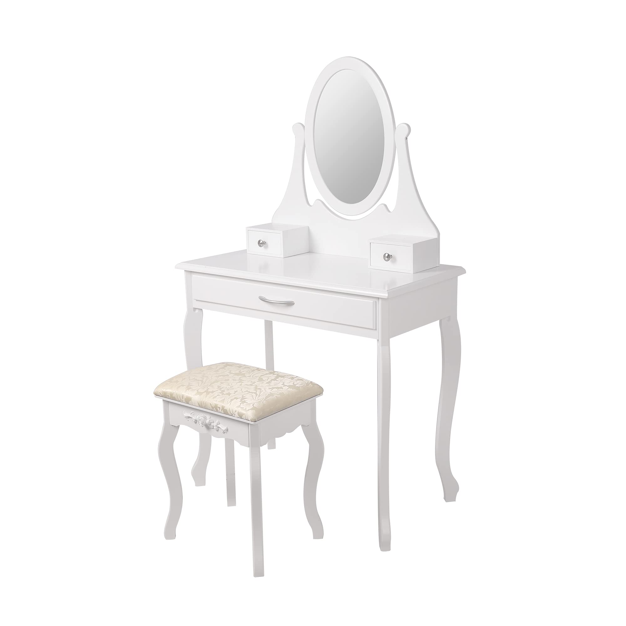 ML-Design Tavolo Cosmetico da Trucco Toletta Bianco con Sgabello Confortevole in Ecopelle con Specchio Ovale e 3 Cassetti 75 x 140 x 40 cm Tavolino Make-up per Signore e Ragazze in Legno MDF