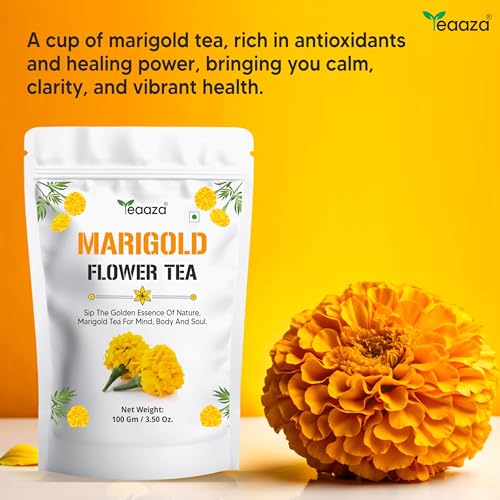 Image of Teaaza Marigold Flower Tea | Natural Sun Dried Marigold Flower | RELIEVES PAIN | Caffeine Free - Flower Based Herbal Tea - Gluten Free - Non - Bitter | Marigold Tea Leaves-100 Grams, 200 Cups