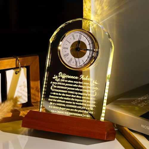 Image of Ornalrist Difference Maker Clock Gifts for Men Women Glass Clock Keepsake with Wooden LED Base Thank You Appreciation Gifts for Boss Teacher Employee Coworker Mentor Motivational Office Desk Decor