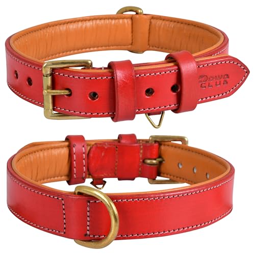 Image of Genuine Leather Dog Collar, Red, Extra Large, Brass Buckle, Padded | 1.5 Inch Wide, Fit Neck Size - 22 inch - 26 inch, Double D Ring, Adjustable, Thick Leather, Heavy Duty, Soft Leather padding