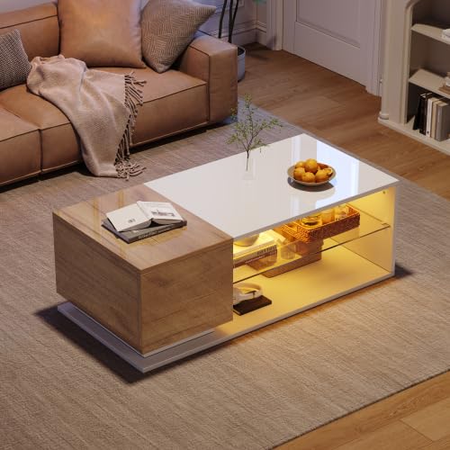 Merax Table basse LED blanche avec espace de rangement, 105 x 50 x 36 cm, haute brillance, avec barre lumineuse LED, table basse moderne avec plateau en verre,...