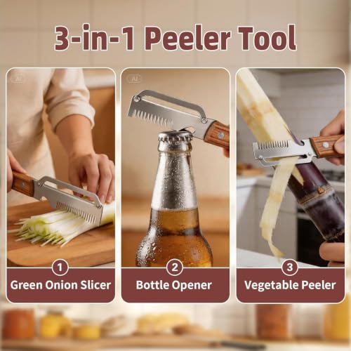 Image of 3-in-1 Multifunctional Vegetable Peeler, Stainless Steel Kitchen Peeler with Real Wooden Handle, Scallion Shredder & Bottle Opener, Upgraded Wide-Tooth & Sharp Peeling Blade Designs