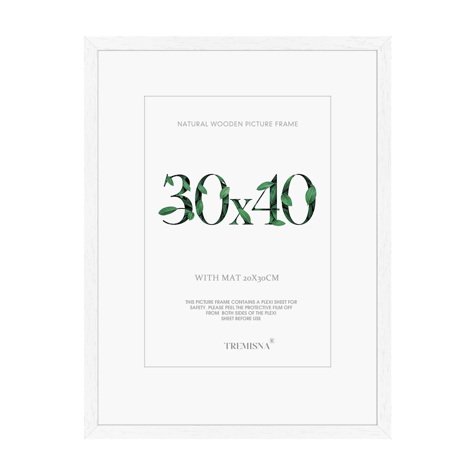 Tremisna® 1x White Wood 30x40 Picture Frames，with Removable Mat for A4 Prints or Without Mat for 30x40 Photos, HD Perspex Included– Wall Mountable