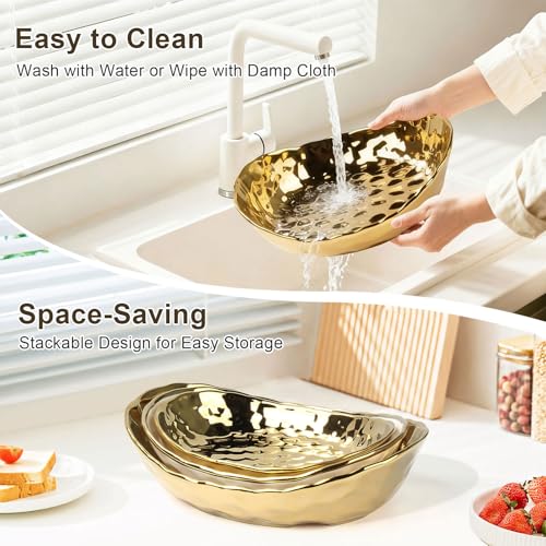 3 Tier Ceramic Fruit Bowl for Kitchen Counter, Tiered Fruit Basket Stand with Gold Metal Rack, Decorative Fruit Holder for Table, No Assembly Serving Bowls for Party Snacks & Housewarming Gift - image 5
