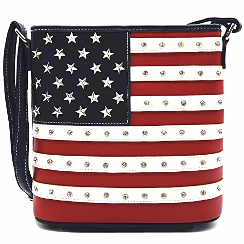 Image of WESTERN ORIGIN American Flag Stars and Stripes Studs Crossbody Handbag USA Patriotic Women Purse Leather Single Shoulder Bag