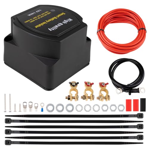 Rpeconu Dual Battery Isolator Kit 12V 140Amp, Smart Voltage Sensitive Relay with Automatic Charger, Complete 20ft 7AWG Wiring Cable Split Charge Relay Kit for Marine, ATV, UTV, RV, Car