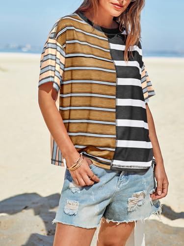 Tankaneo Womens Summer Striped Shirts Casual Color Block Short Sleeve Tops Loose Fit Crew Neck Tees3