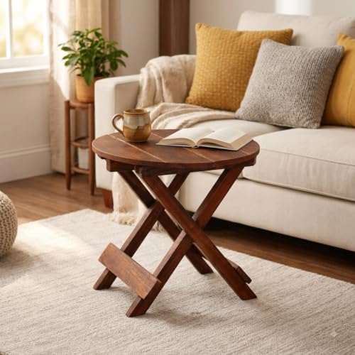 Image of Wooden Folding Table for Daily Use | Multipurpose, Portable & Space Saving Small Folding Table for Daily Use - Easy to Fold & Store (12 Inch Round)
