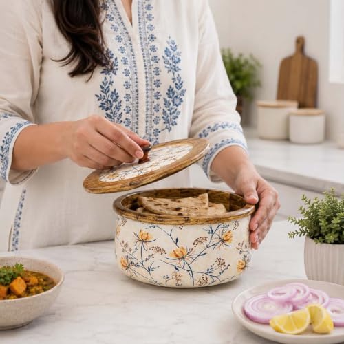 Image of The Earth Store Premium Wooden Florence Casserole for Roti - 1600ML Handcrafted Mango Wood with Resin Art Roti Casserole | Elegant Wooden Roti Box | Chapati Box for Dining & Gifting