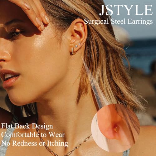 Jstyle 9 Pairs Earrings Sets for Multiple Piercing Hypoallergenic 14K Gold Plated Small Huggie Hoop Earrings for Women Tiny Ball CZ Gold Flat Back Stud Earrings for Women Lobe Helix Cartilage Earrings2