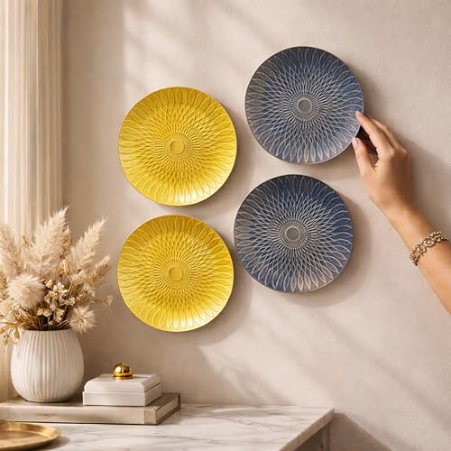 Image of Art Street Set of 4 MDF Decorative,Wall Hanging Plates for Home,Living Room,Hotel Bedroom And Office Decor Show Pieces (Blue & Yellow, Size 8 x 8 Inch)