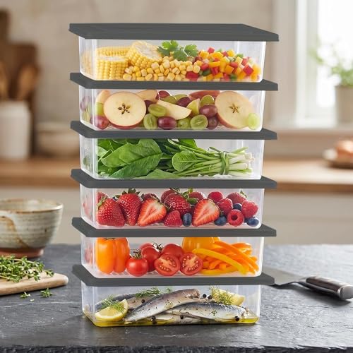Image of MILTON Cryo Fridge Storage Boxes Set of 6 Fridge Organizer Container with Waterproof Vinyl Stickers & Removable Drain Plate, Lid|Stackable Box, Plastic Containers 1500 ml|Fish, Vegetables, Fruits|Grey