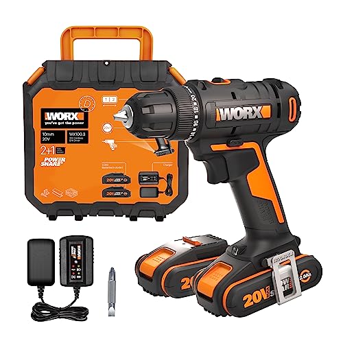 WORX - Taladro atornillador inalámbrico de 18 V (20 V máx.) WX100.3, PowerShare, par máximo 30 Nm, velocidad variable, luz LED, portabrocas sin llave de 10 mm, 2 baterías incluidas