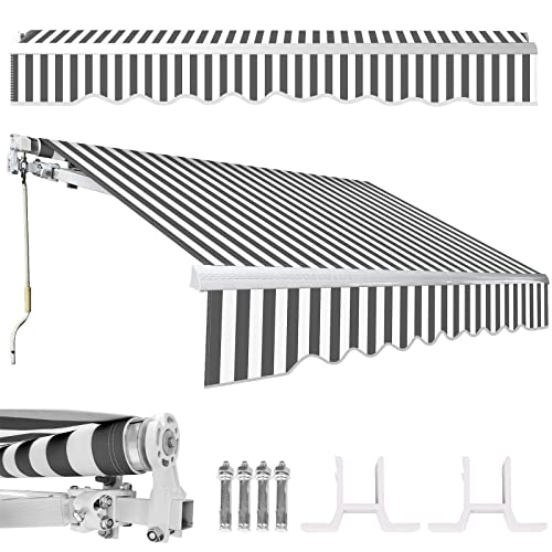 Tubiaz Store Banne Manuel, 350x300cm Gris-Blanc Store de Terrasse en Aluminium et Polyester avec Manivelle, Auvent Rétractable à Bras Repliable, Angle Réglable 0-30°, Résistant aux UV