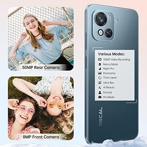 OSCAL C80 Smartphone, SIM Free Unlocked Android 12 Mobile Phone, 6.5" 90Hz HD+ Display, 8GB RAM 128GB, 5180mAh battery, Dual SIM, 50MP AI Dual Camera, 3.5mm jack - UK Version - 2 Year Warranty - Blue