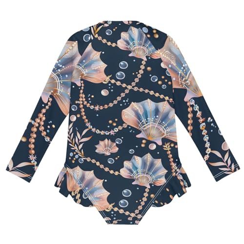 Girls One Piece Swimsuits Long Sleeve Swimsuit Zipper Bathing Suits Seashell Pearl Black2