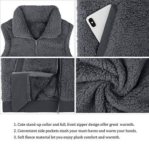 IECCP Fleecejacke Damen Teddy Fleece Weste Damen Herbst Winter Warm, Outdoor Weste mit Stehkragen Eingrifftaschen Reißverschluss(Dunkelgrau,M)