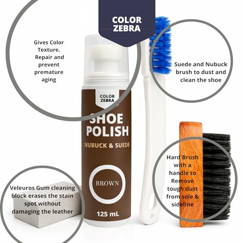 Image of Color Zebra Nubuck & Suede Shoe Polish and Shoe Care Kit | 125 ML Renovator with Handled Brush, Wooden Suede Brush & Cleaning Block