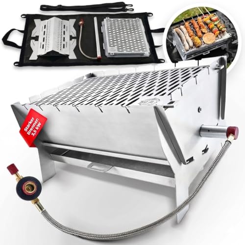 Little Bro Mobiler Steckgrill 2-in-1 Edelstahl Grill für Gas & Kohle - Inkl. Tasche (Grillmatte) & Schultergurt - Kompakter Campinggrill für Outdoor, Balkon & Trekking