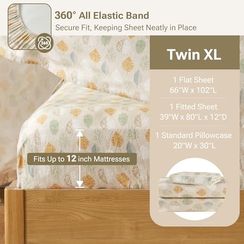 True North by Sleep Philosophy Cozy Flannel Warm 100% Cotton Sheet - Novelty Print Animals Stars Cute Ultra Soft Cold Weather Bedding Set, Twin XL, Multi Leaves 3 Piece