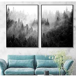 Wall Art Zwart-wit Natuur Prints Bos Boom Posters Mistig Bos Landschap Canvas Schilderij Foto Woonkamer Decor 70x100cm (28x39in) x2 Frameloos