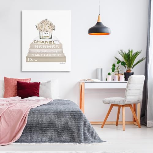 Image of Glam Beige Fashion Bookstack Floral, 36 x 48 Inch Canvas Wall Art