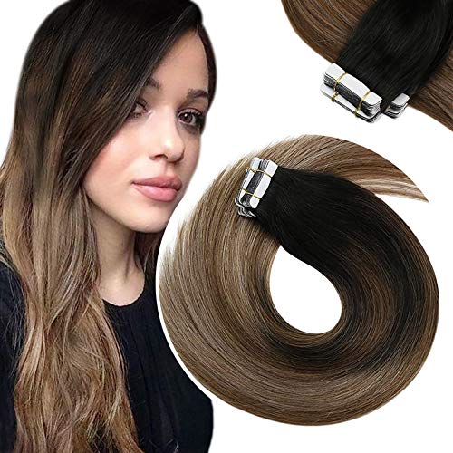 Sunny Remy Human Hair 14Inch Ombre Tape in Extensions Natural Black Fading to Medium Brown Mixed Dark Ash Blonde Skin Weft Ombre Tape in Human Hair 20pcs 50g
