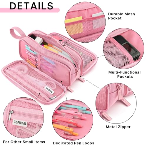 Image of TOPBIDAI Large Pencil Case Pouch for Girls Boy Women Men Adults | Big Capacity Canvas Pencil Bag, Office School Supplies, Multi Compartment Zipper Stationery Pen Box(Light Pink)