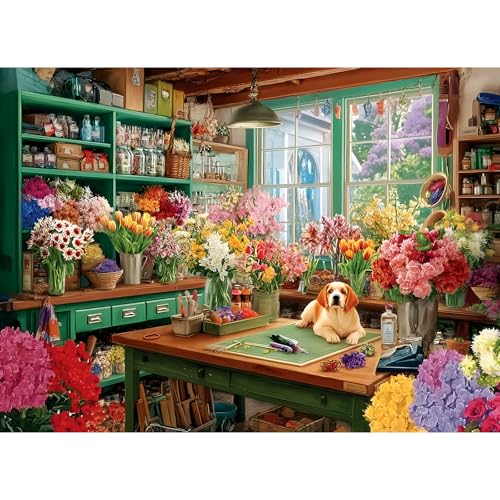 Puzzle de 300 piezas grandes para adultos, divertido rompecabezas de cachorro adorable para adultos mayores, tema Floral, de cartón, dimensiones 15 x 10 x 0.1 pulgadas miniatura 1