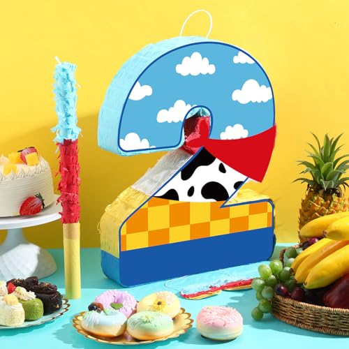 Hungdao Toy Inspired Birthday Piñata for Kids Cartoon Cow Number Piñata Decorations Summer Cartoon Story Game with Stick Red Scarf Blue Sky Cloud Boys Girls Baby Shower Farm Party Favor(Number 2)