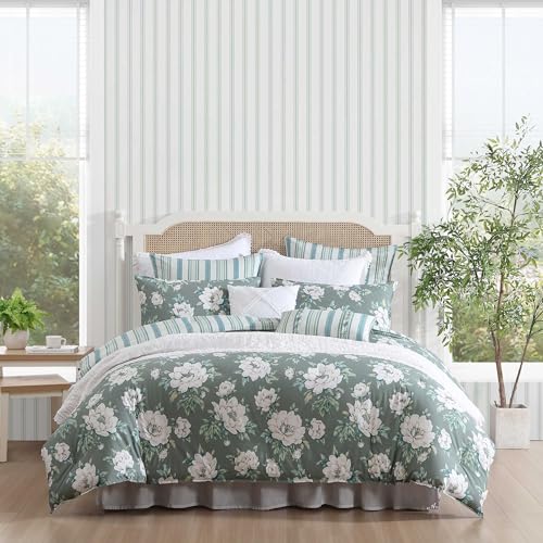 Image of Laura Ashley - Full /Queen Comforter Set, Premium Cotton Bedding with Matching Shams, Includes Bonus Decorative Pillow Covers, Floral Home Decor, Oeko-Tex Certified (Wisley Floral Green, Full /Queen)