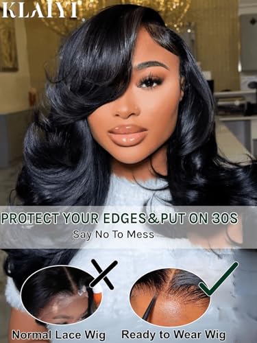 Image of KLAIYI Pre Everything Glueless Layer Side Part Loose Body Wave 13x4 Lace Front Wigs Human Hair Drawstring Curtain Bangs Face framing Pre Bleached Knots Pre Plucked 3S Ready to Put On and Go Wig 26Inch