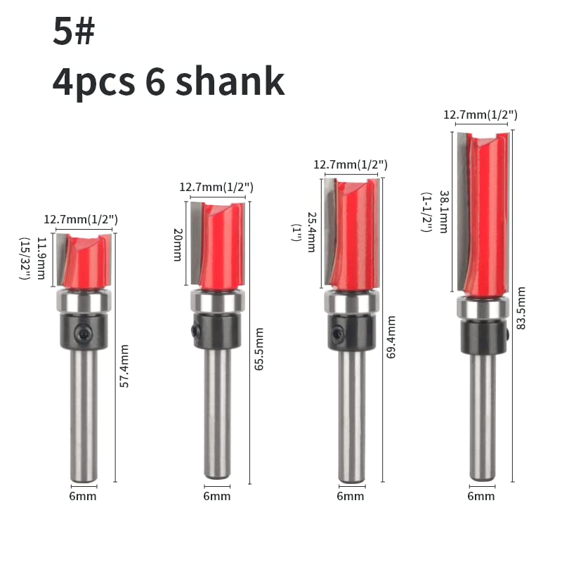 KAYRAM D1/2 Schablone Trim Muster Bits Abdeckung 12,7 mm Router Bit Holzbearbeitungsfräser for Bündig Trimmer Reinigungswerkzeuge (Size : 4pcs 6 Shank)