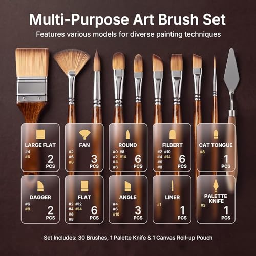 Nicpro 30pcs Paint Brush Set, Professional Acrylic Paint Brushes with Paint Spatula and Cloth Roll, Paintbrushes for Acrylic Painting, Oil, Watercolor, Gouache, Art Supplies for Artists and Beginners - Image 4