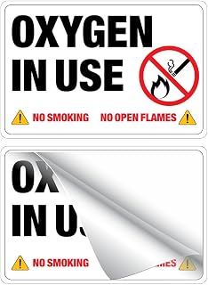 3M Oxygen in Use Safety Sign, No Smoking No Open Flames Warning, White, Self-Adhesive, 4x6 Inches, Water, UV and Heat Resistant, Pack of 2 Signages
