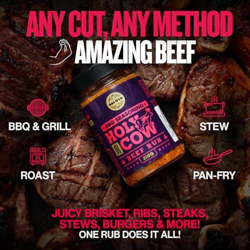 Holy Cow BBQ Beef Rub - 100% Natural BBQ Seasoning - Packs Amazing Flavour Into Any Cut Of Beef For Wonderful BBQ And Grill Dishes - Perfectly Balanced Blend Of Spices - Large Jar (210g)